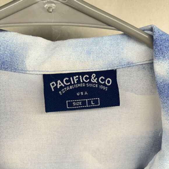 Pacific & Co Hawaiian Shirt Mens Large Blue Boats Floral Palm Trees Skyline - Picture 4 of 6